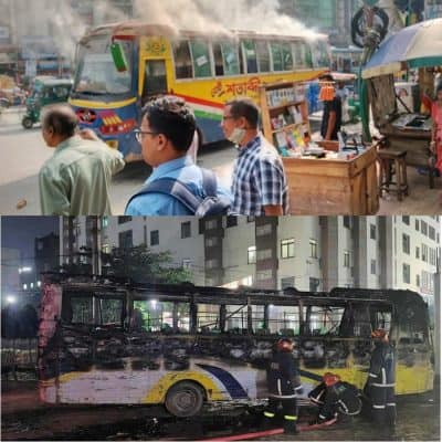 মিরপুরে ও আশুলিয়ায় দুটি পৃথক বাসে আগুন আহত ১ জন